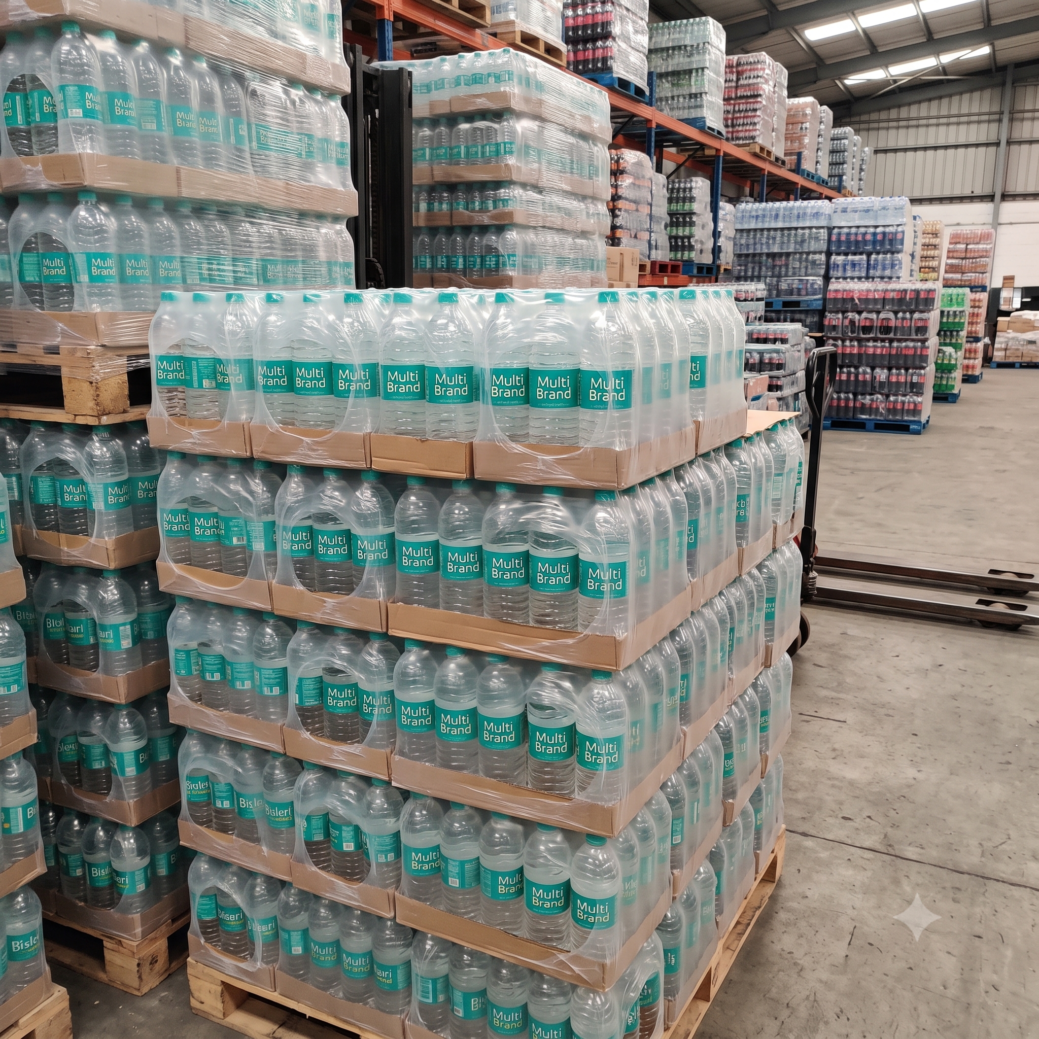 Cases of green-label 1 litre drinking water bottles stacked on warehouse pallets