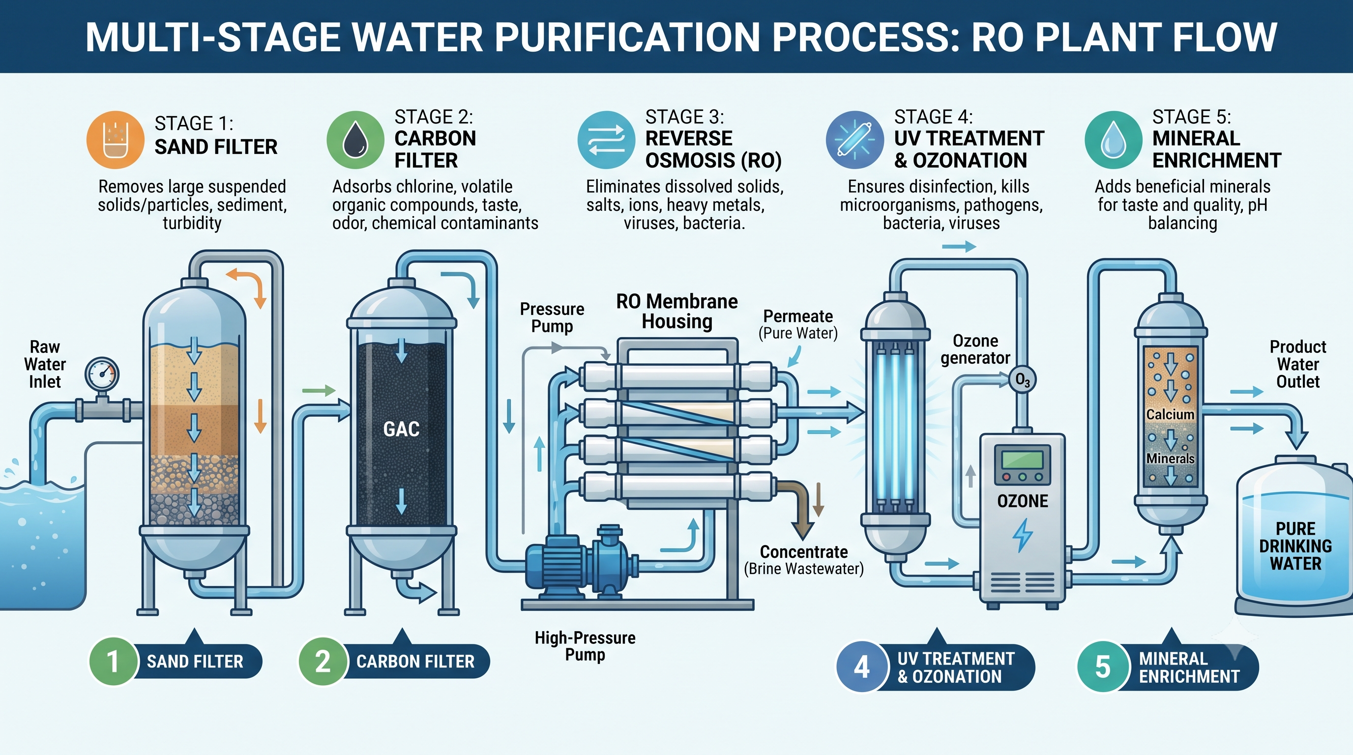 Client-supplied RO plant flow diagram: sand filter, carbon filter, reverse osmosis, UV treatment and ozonation, then mineral enrichment